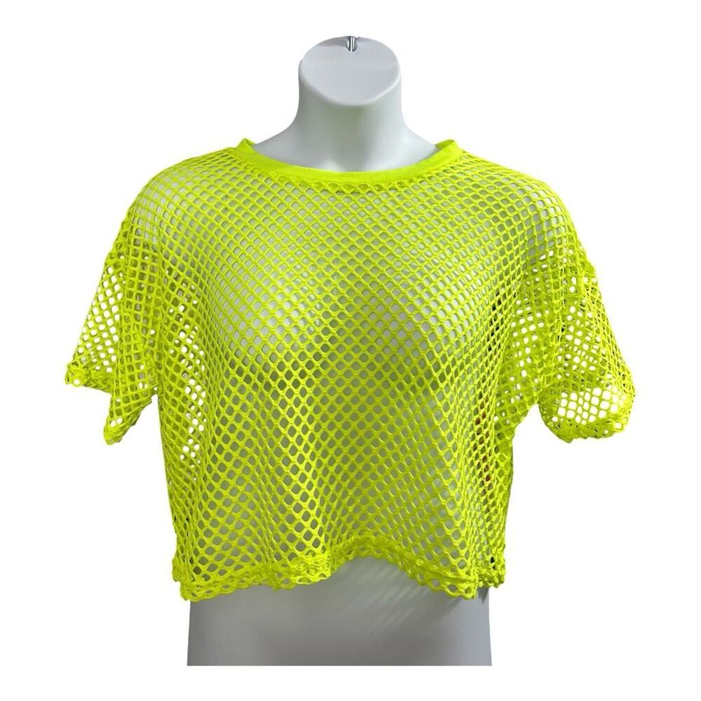 Fishnet Top Women Size XL Neon Green Crop Top Crewneck T-shirt Casual Boho